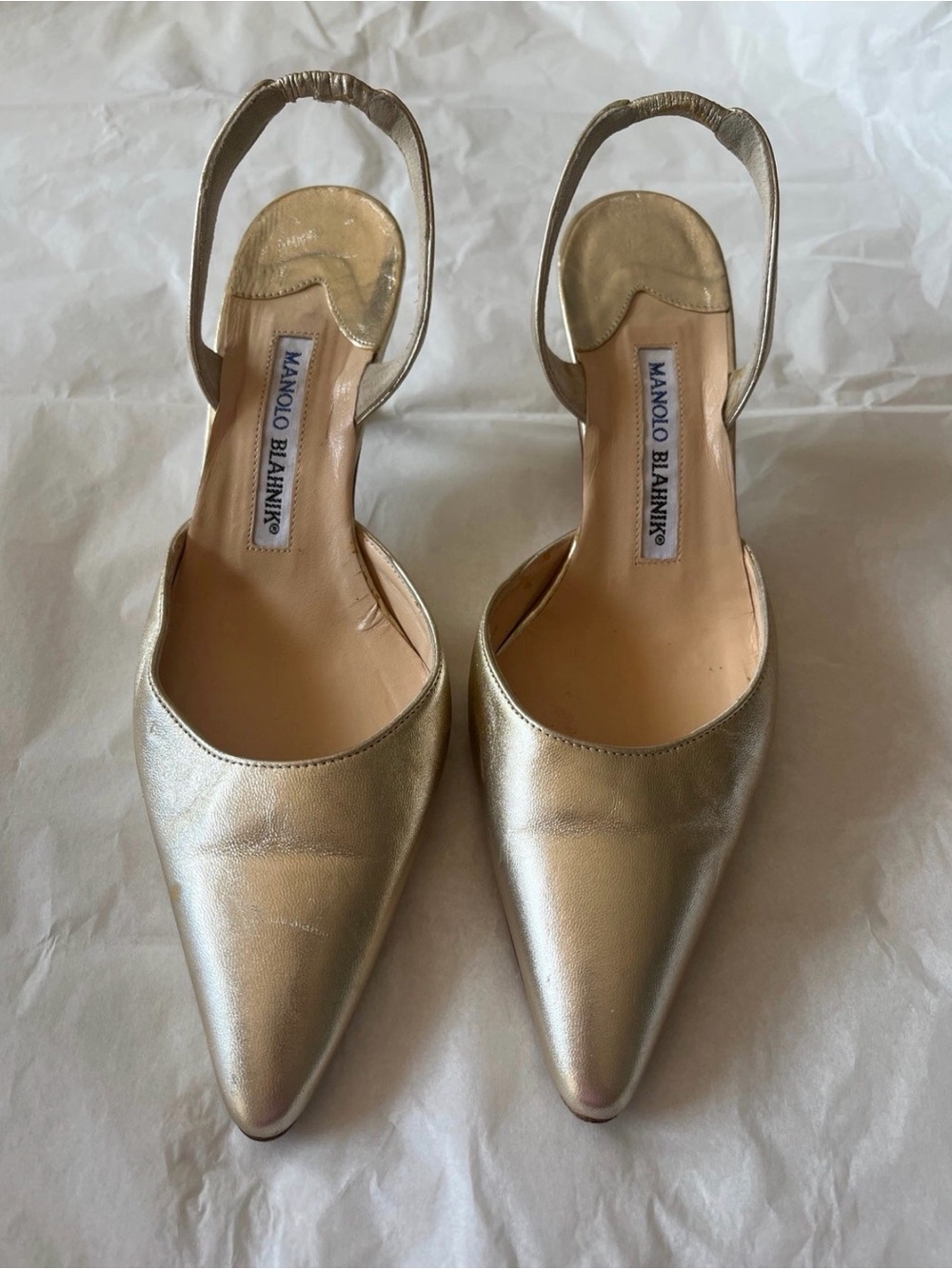 Manolo Blahnik Metallic Gold Pointed Slingback Heels - Carolyne Kitten Heels